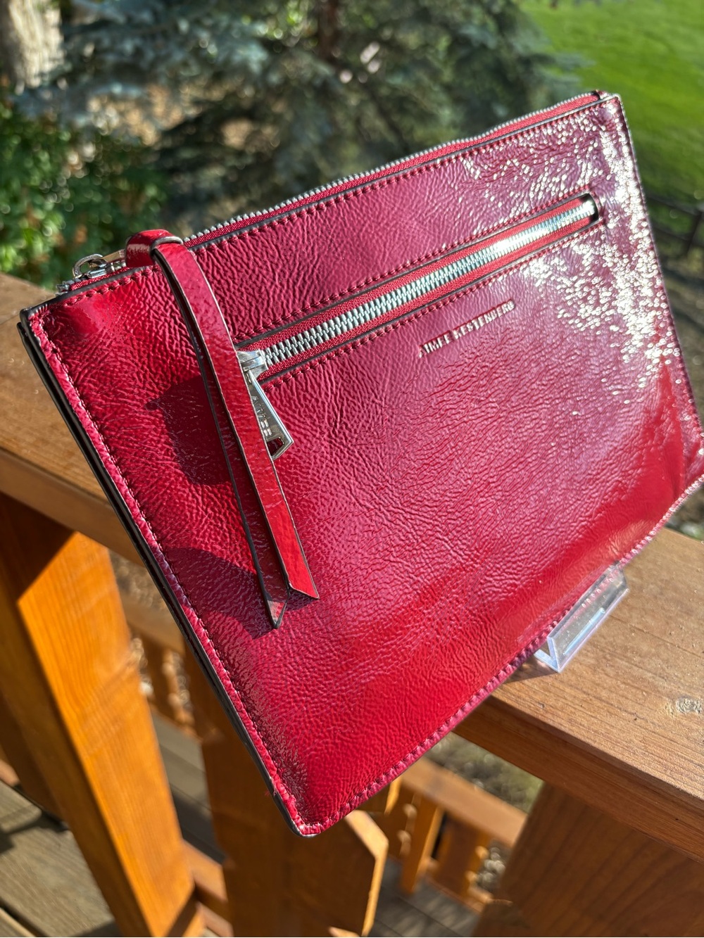 Aimee Kestenberg Red patent Leather clutch Sleeve with zipper pull